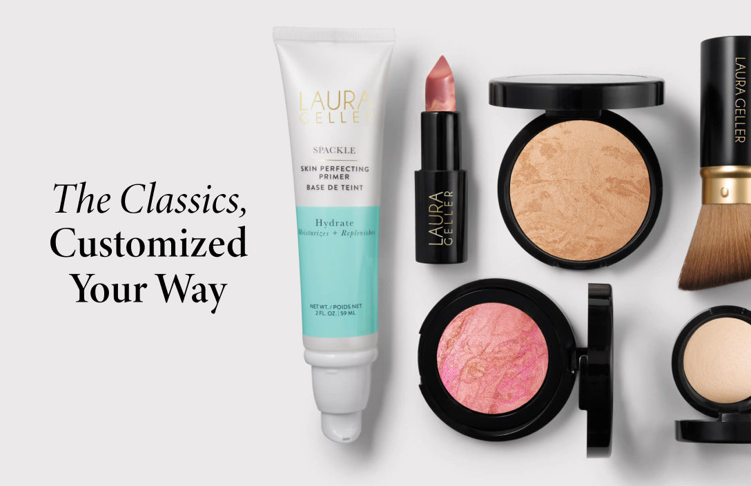 Collection of Laura Geller makeup products on a white background with text 'The Classics, Customized Your Way'.