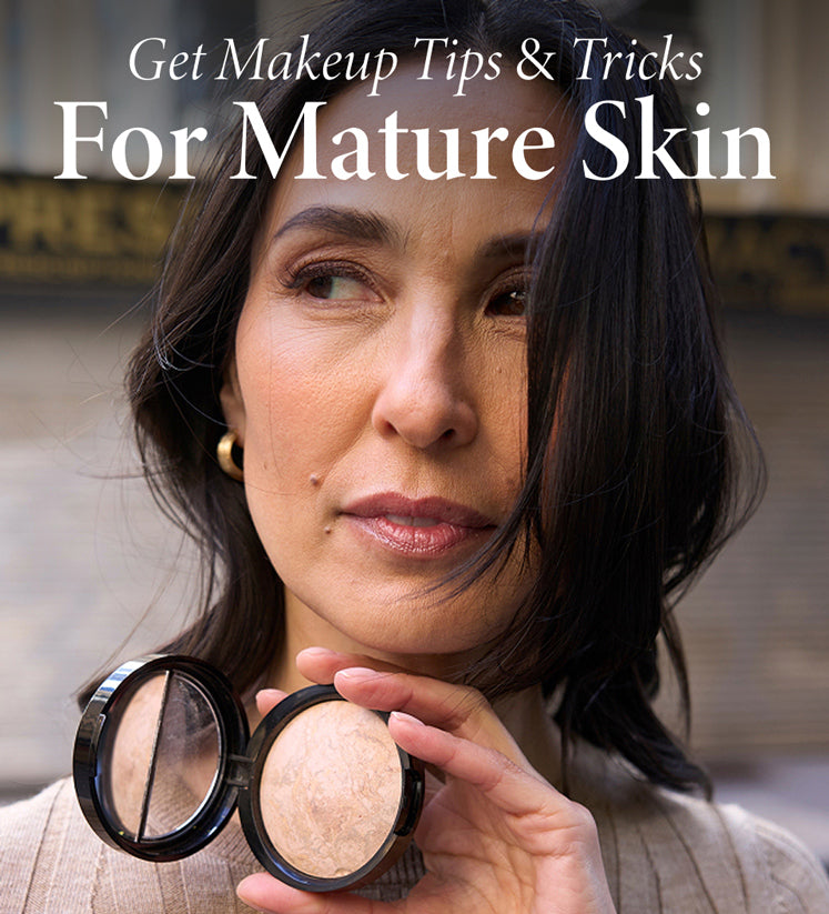 Woman holding Laura Geller makeup with text that says "Get Makeup Tips & Tricks for Mature Skin"